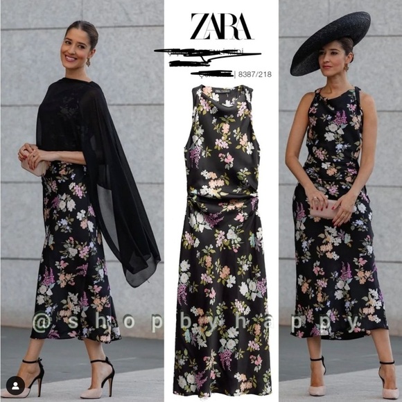 Zara Gathered Floral Print Midi Dress Event Wedding Guest Spring Size XL - Picture 5 of 16